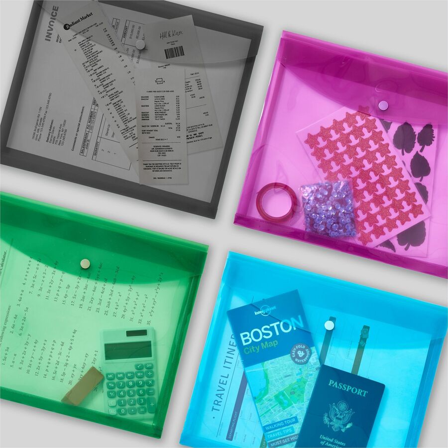 Avery Letter, A4 Recycled Filing Envelope - 450 Sheet Capacity - Plastic, Polypropylene - Black, Aqua, Sage, Plum - 100% Recycled - 4 Pack