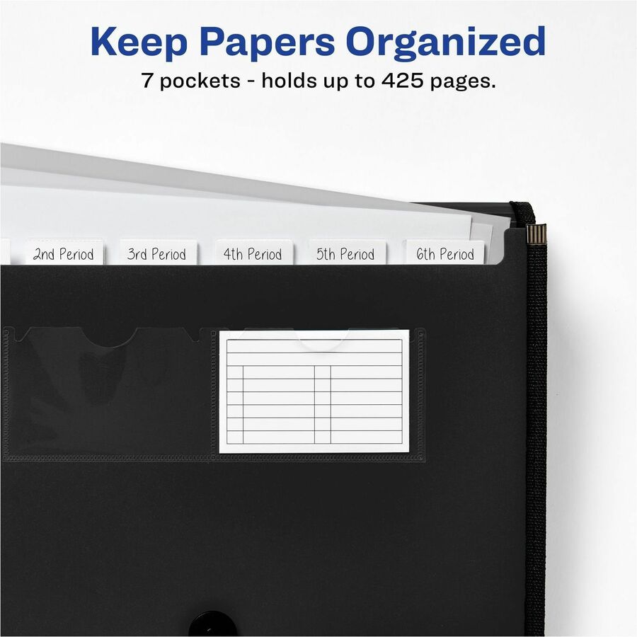 Expanding File Folder Organizer, 7 Sections, Hook/Loop Closure, Letter Size, Black