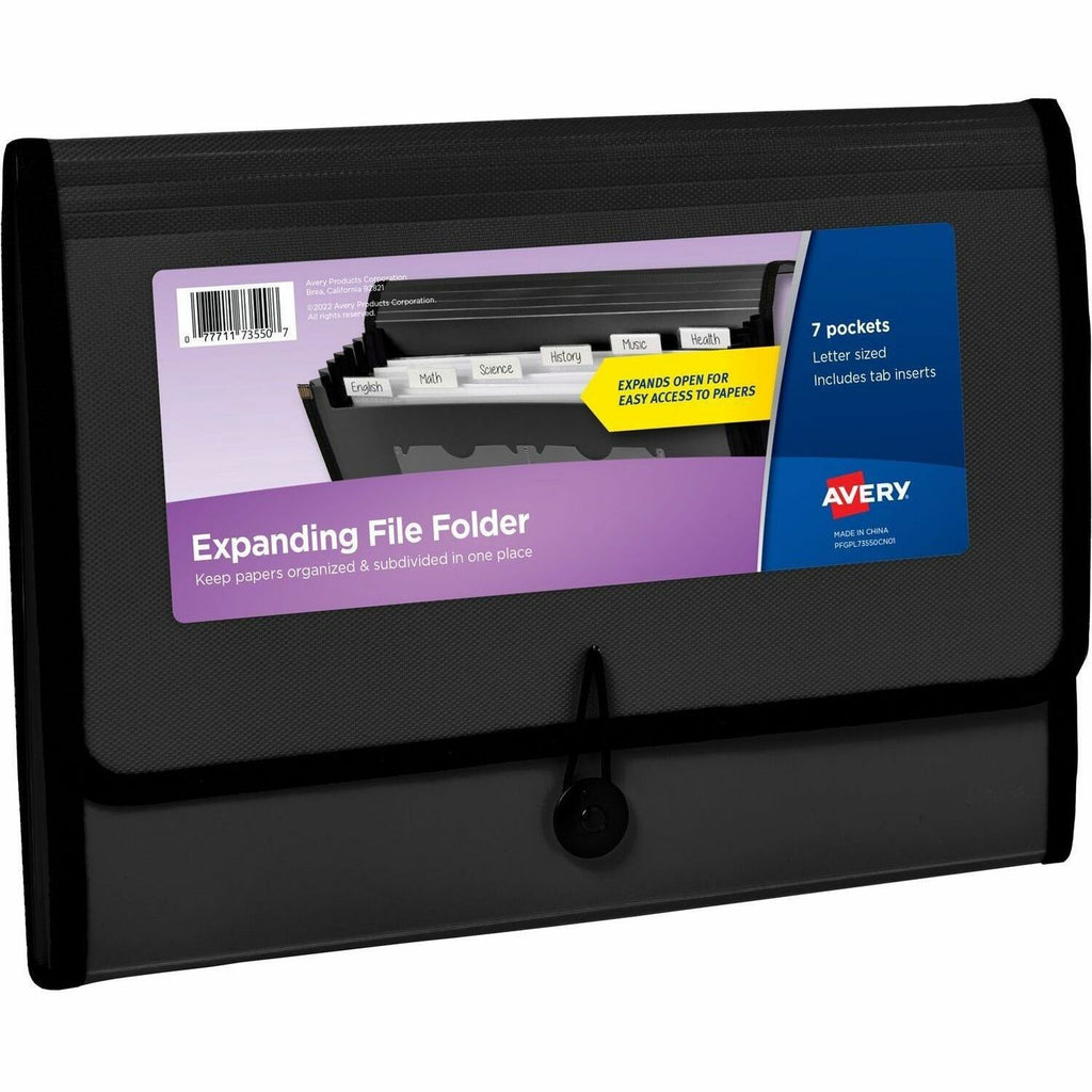 Expanding File Folder Organizer, 7 Sections, Hook/Loop Closure, Letter Size, Black