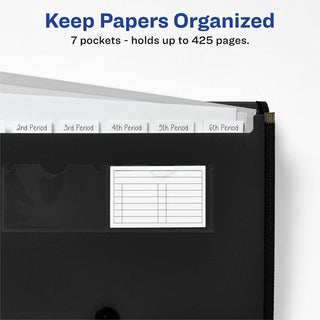Expanding File Folder Organizer, 7 Sections, Hook/Loop Closure, Letter Size, Black