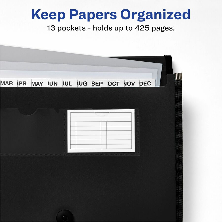 Avery Letter, A4 Recycled Expanding File - 425 Sheet Capacity - 13 Pocket(s) - Polypropylene, Plastic, Fabric - Black - 100% Recycled