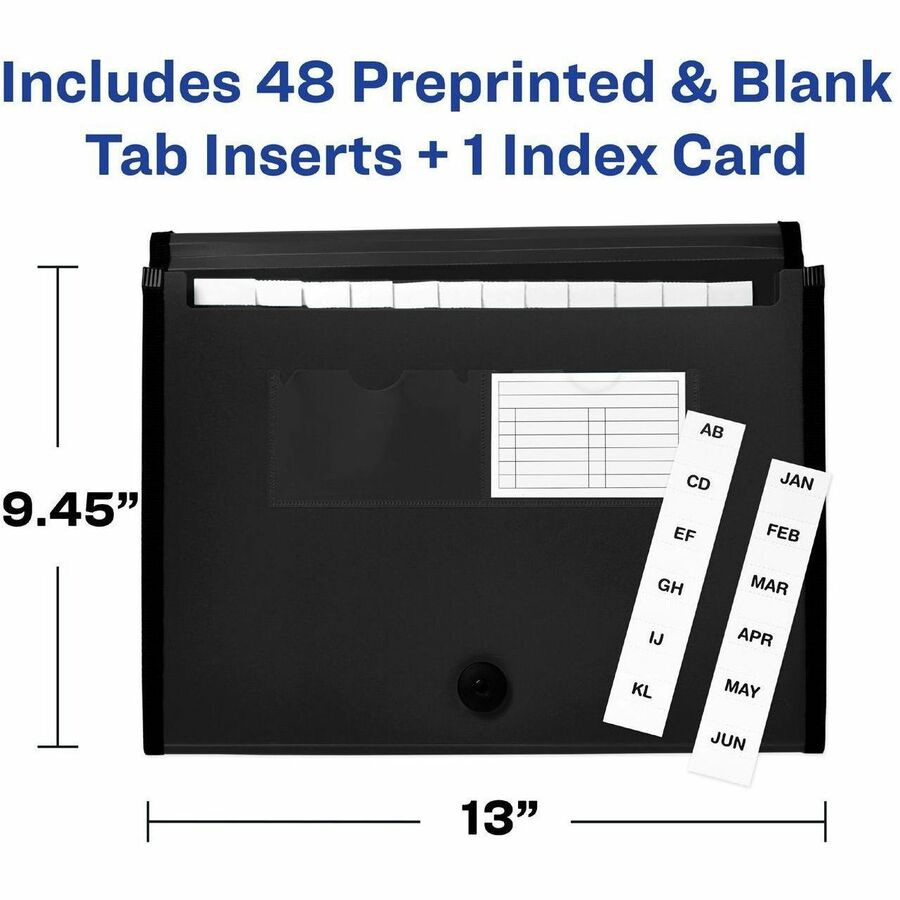 Avery Letter, A4 Recycled Expanding File - 425 Sheet Capacity - 13 Pocket(s) - Polypropylene, Plastic, Fabric - Black - 100% Recycled