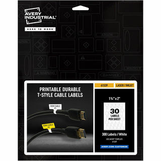 Avery Cable Labels, T-Style, 1.25" x 2" , 300 Total (61539) - Waterproof - 1 1/4" Width x 2" Length - Permanent Adhesive - T-shaped - Inkjet, Laser - White - Film - 30 / Sheet - 10 Total Sheets - 300 Total Label(s) - Durable, Uncoated, Chlorine-