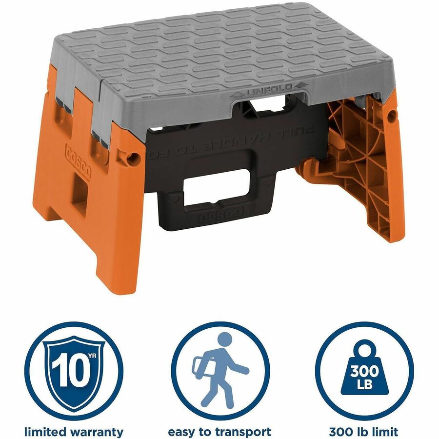 Folding Step Stool, 1-Step, 300 lb Capacity, 8.5" Working Height, Orange/Gray