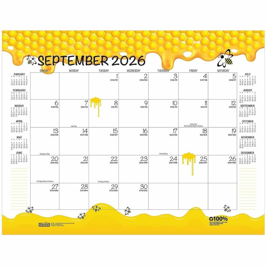 Recycled Honeycomb Desk Pad Calendar, 22 x 17, White/Multicolor Sheets, Brown Corners, 12-Month (Aug to July): 2023 to 2024