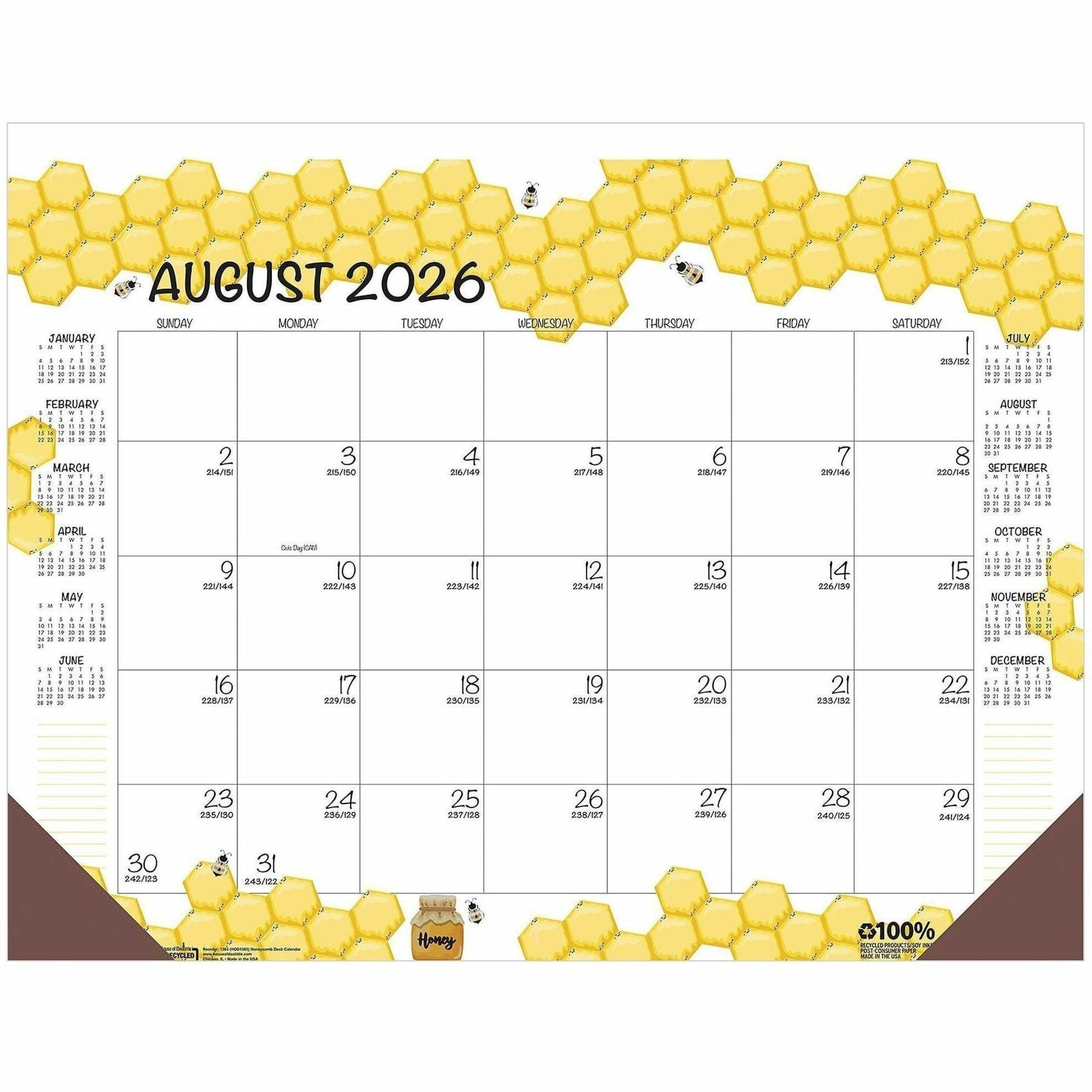 Recycled Honeycomb Desk Pad Calendar, 22 x 17, White/Multicolor Sheets, Brown Corners, 12-Month (Aug to July): 2023 to 2024