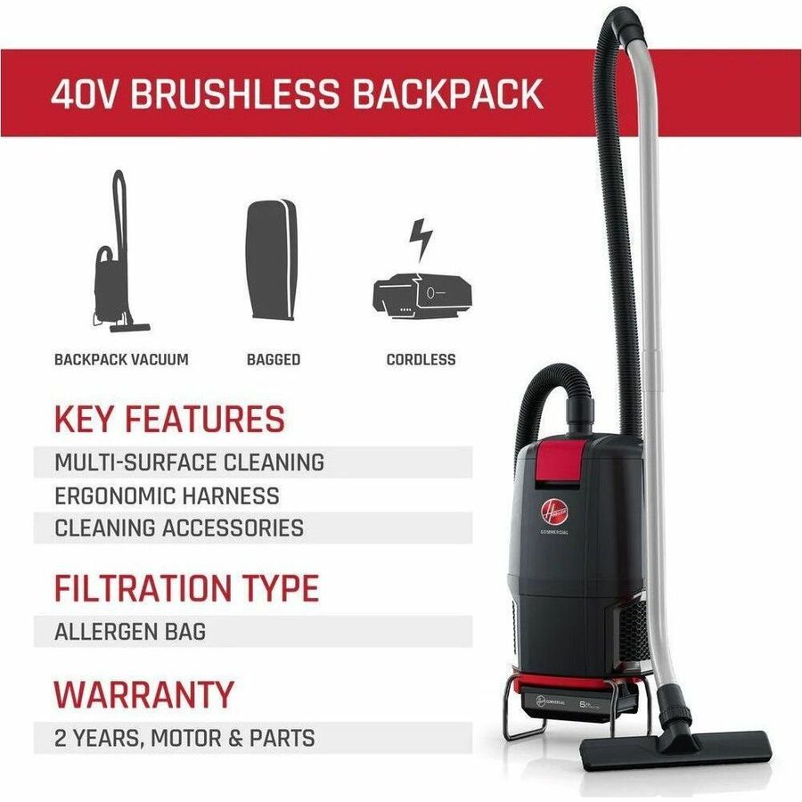 HVRPWR 40V Cordless Backpack Vacuum, Battery Sold Separately, 6 qt Tank Capacity, Black/Red