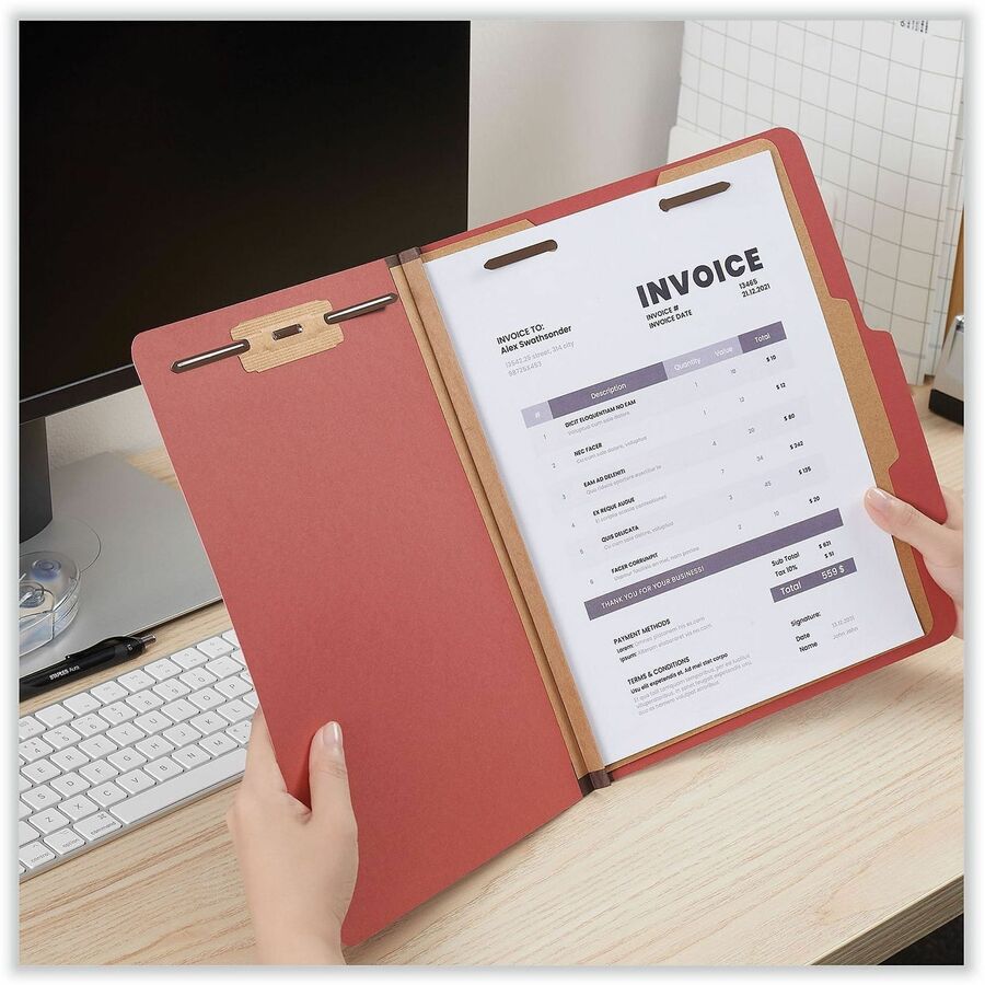 Four-Section Pressboard Classification Folders, 2" Expansion, 1 Divider, 4 Fasteners, Letter Size, Red Exterior, 10/Box