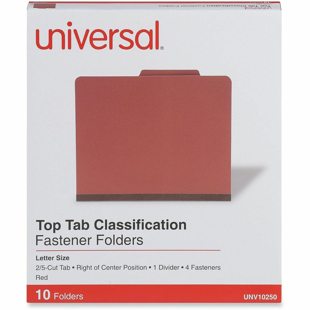 Four-Section Pressboard Classification Folders, 2" Expansion, 1 Divider, 4 Fasteners, Letter Size, Red Exterior, 10/Box