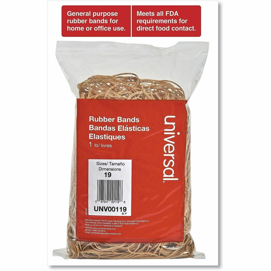 Rubber Bands, Size 19, 0.04" Gauge, Beige, 1 lb Bag, 1,240/Pack