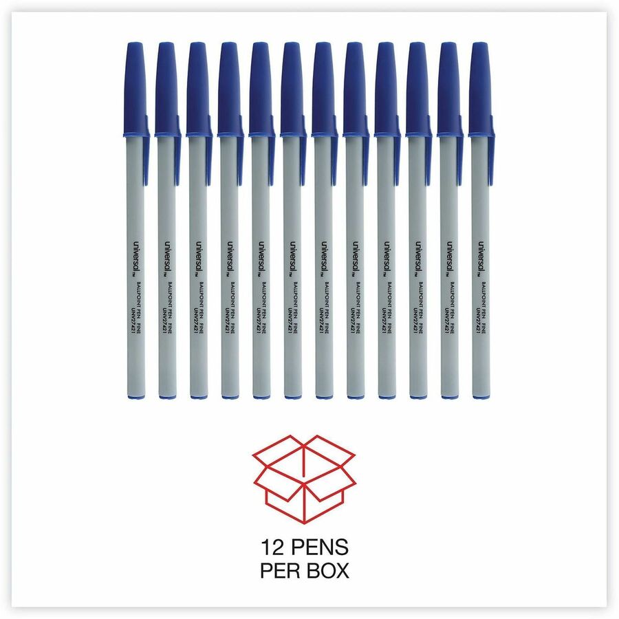 Ballpoint Pen, Stick, Fine 0.7 mm, Blue Ink, Gray/Blue Barrel, Dozen