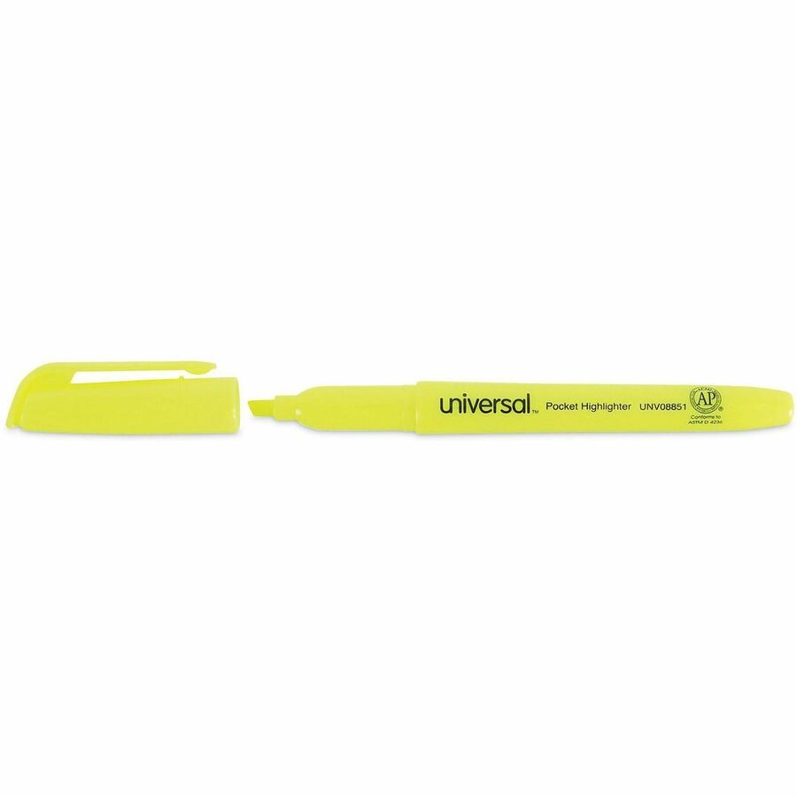 Pocket Highlighters, Fluorescent Yellow Ink, Chisel Tip, Yellow Barrel, Dozen
