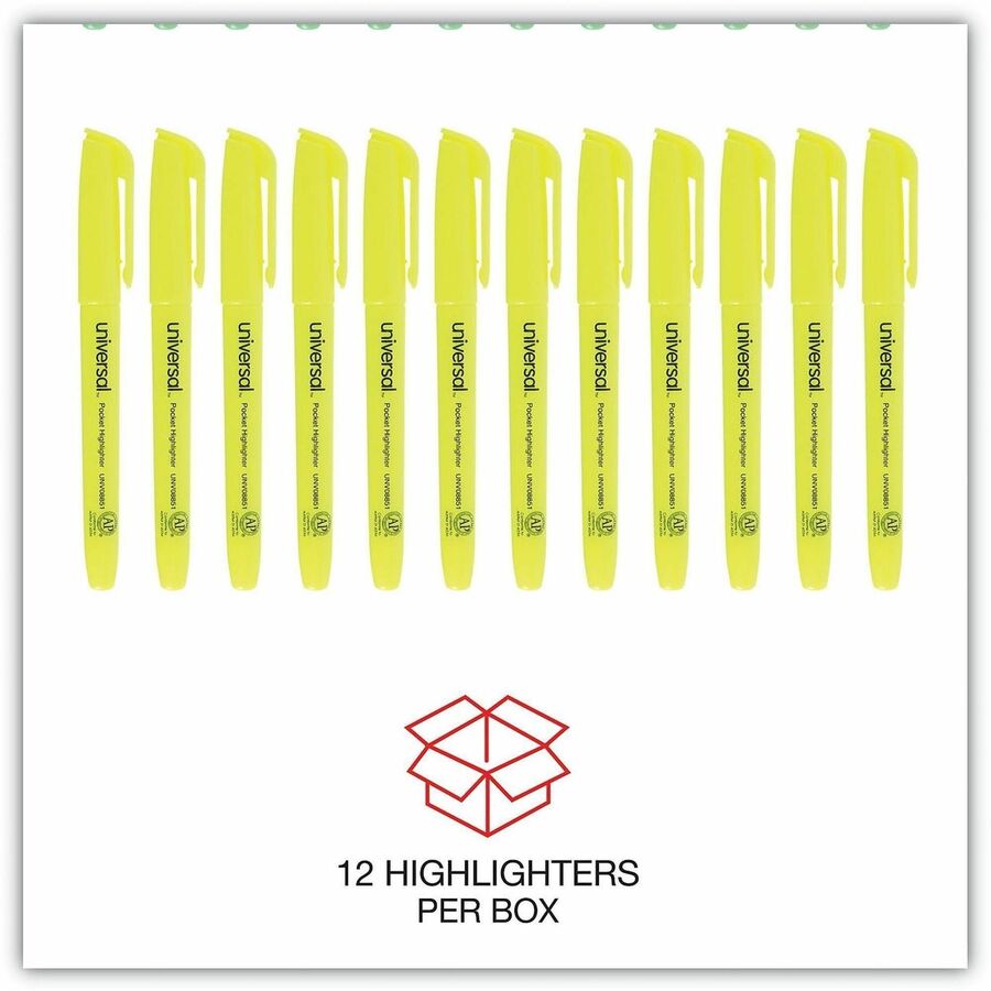 Pocket Highlighters, Fluorescent Yellow Ink, Chisel Tip, Yellow Barrel, Dozen