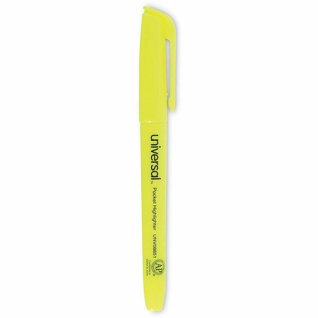 Pocket Highlighters, Fluorescent Yellow Ink, Chisel Tip, Yellow Barrel, Dozen