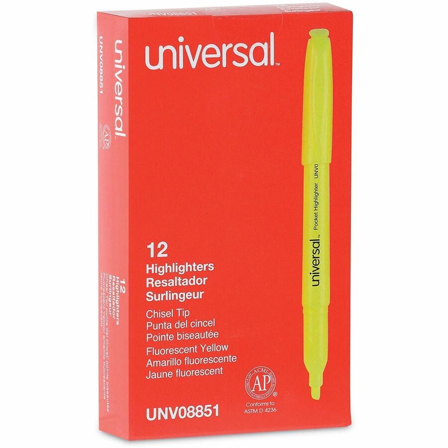 Pocket Highlighters, Fluorescent Yellow Ink, Chisel Tip, Yellow Barrel, Dozen