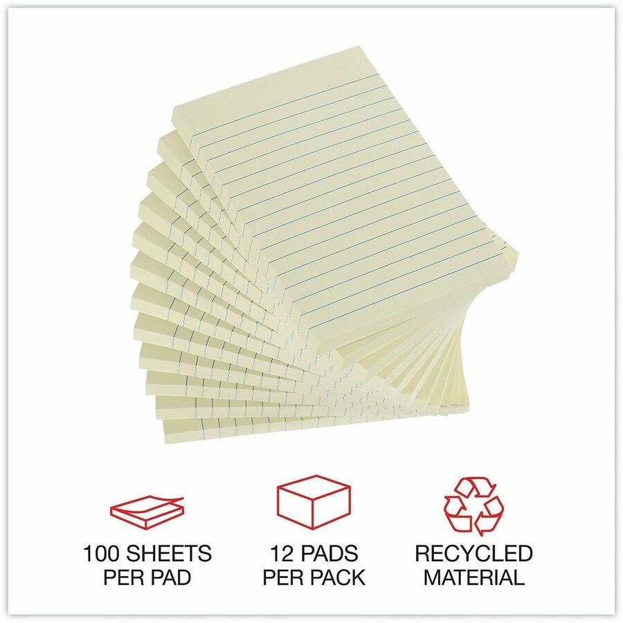 Recycled Self-Stick Note Pads, Note Ruled, 4" x 6", Yellow, 100 Sheets/Pad, 12 Pads/Pack