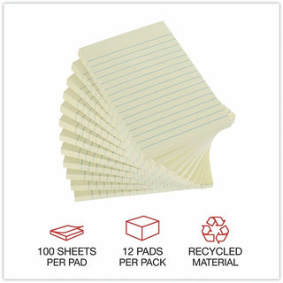 Recycled Self-Stick Note Pads, Note Ruled, 4" x 6", Yellow, 100 Sheets/Pad, 12 Pads/Pack