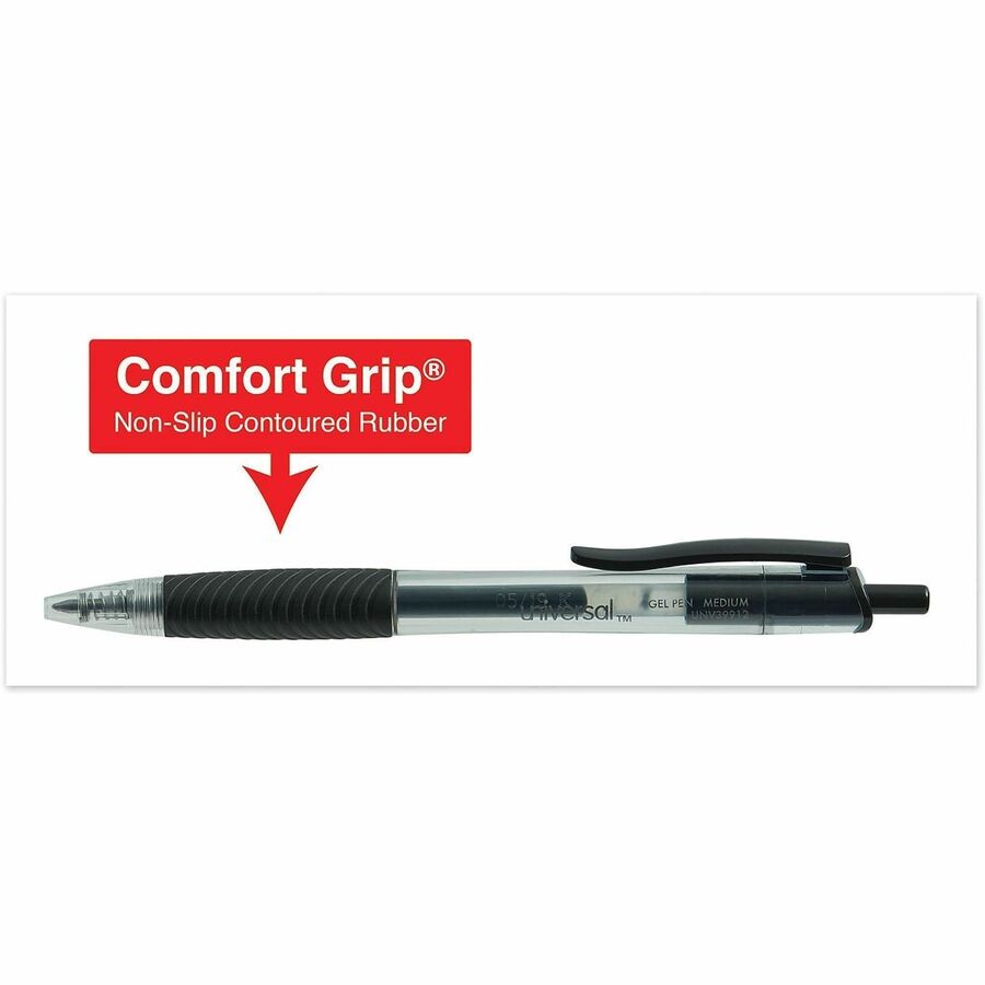Comfort Grip Gel Pen, Retractable, Medium 0.7 mm, Black Ink, Clear/Black Barrel, Dozen