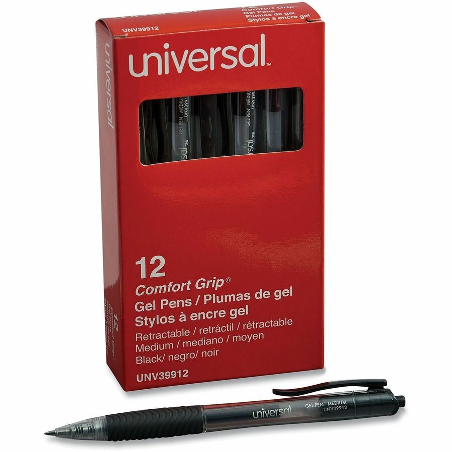 Comfort Grip Gel Pen, Retractable, Medium 0.7 mm, Black Ink, Clear/Black Barrel, Dozen