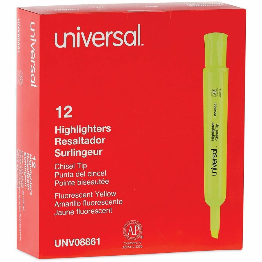 Desk Highlighters, Fluorescent Yellow Ink, Chisel Tip, Yellow Barrel, Dozen