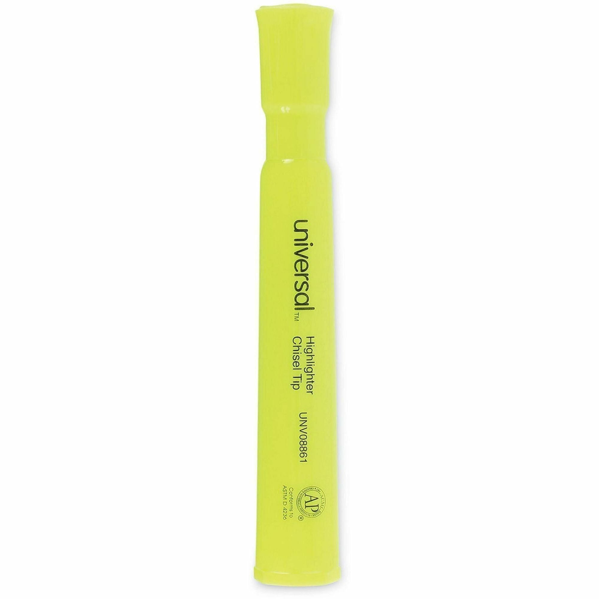 Desk Highlighters, Fluorescent Yellow Ink, Chisel Tip, Yellow Barrel, Dozen