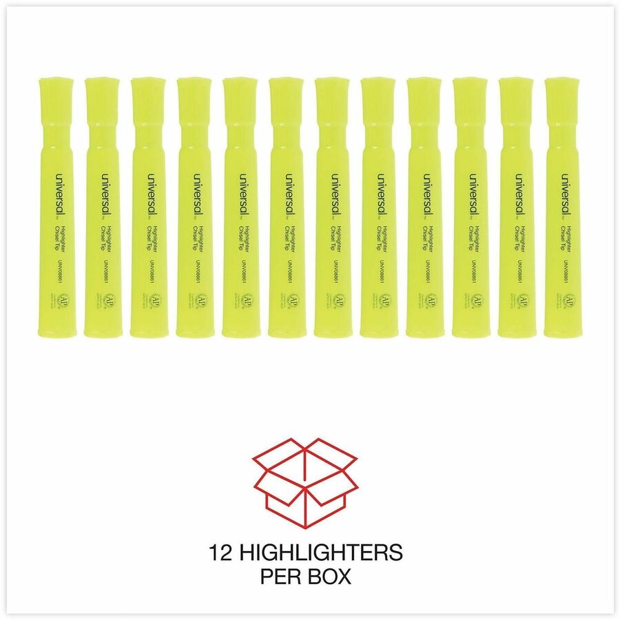 Desk Highlighters, Fluorescent Yellow Ink, Chisel Tip, Yellow Barrel, Dozen