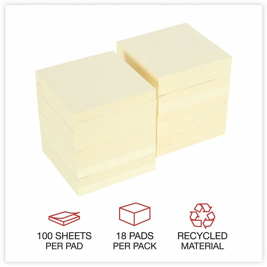 Recycled Self-Stick Note Pads, 3" x 3", Yellow, 100 Sheets/Pad, 18 Pads/Pack
