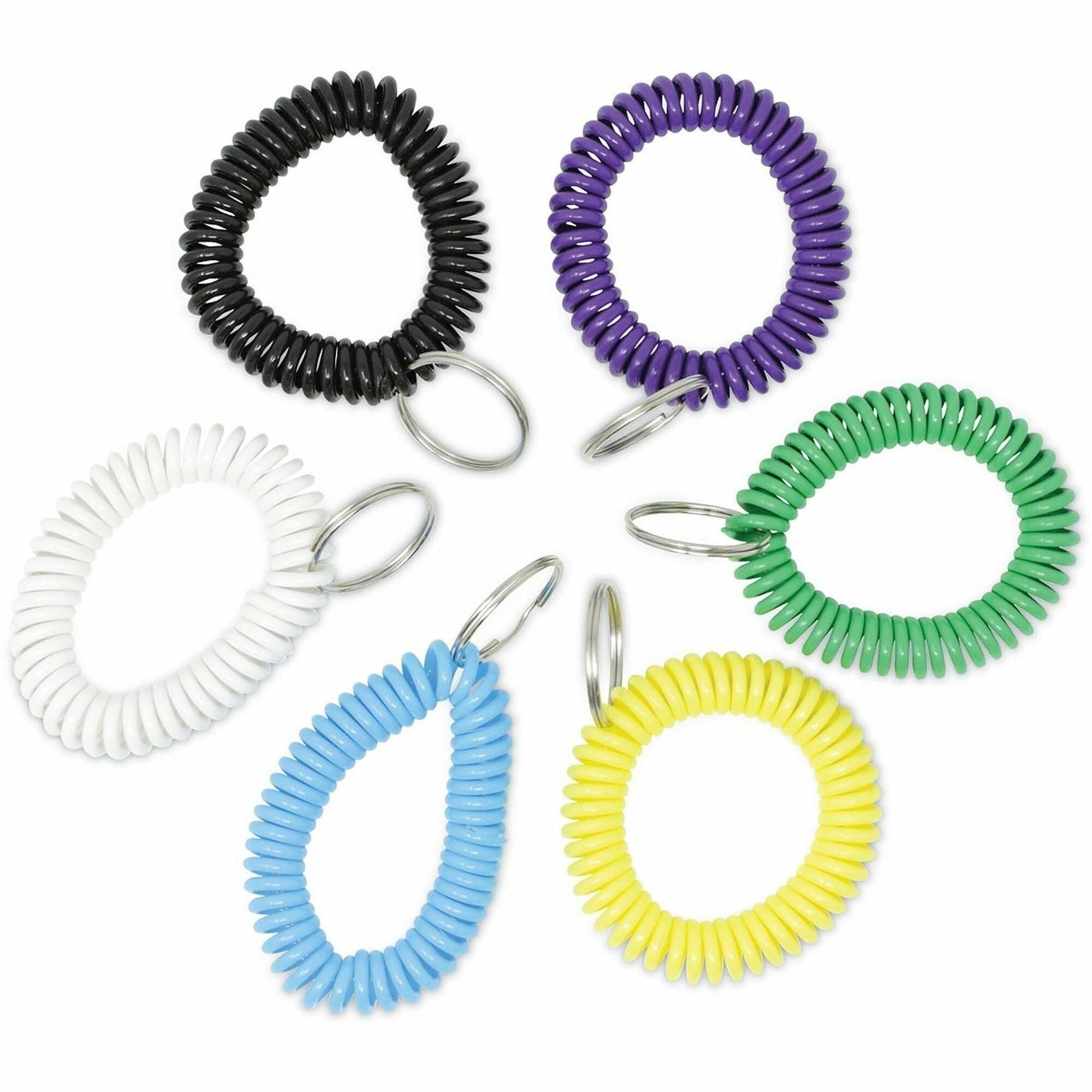 Wrist Coil Plus Key Ring, Plastic, Assorted Colors, 6/Pack