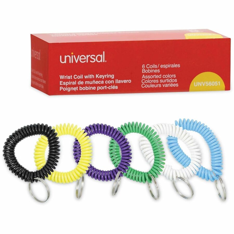 Wrist Coil Plus Key Ring, Plastic, Assorted Colors, 6/Pack