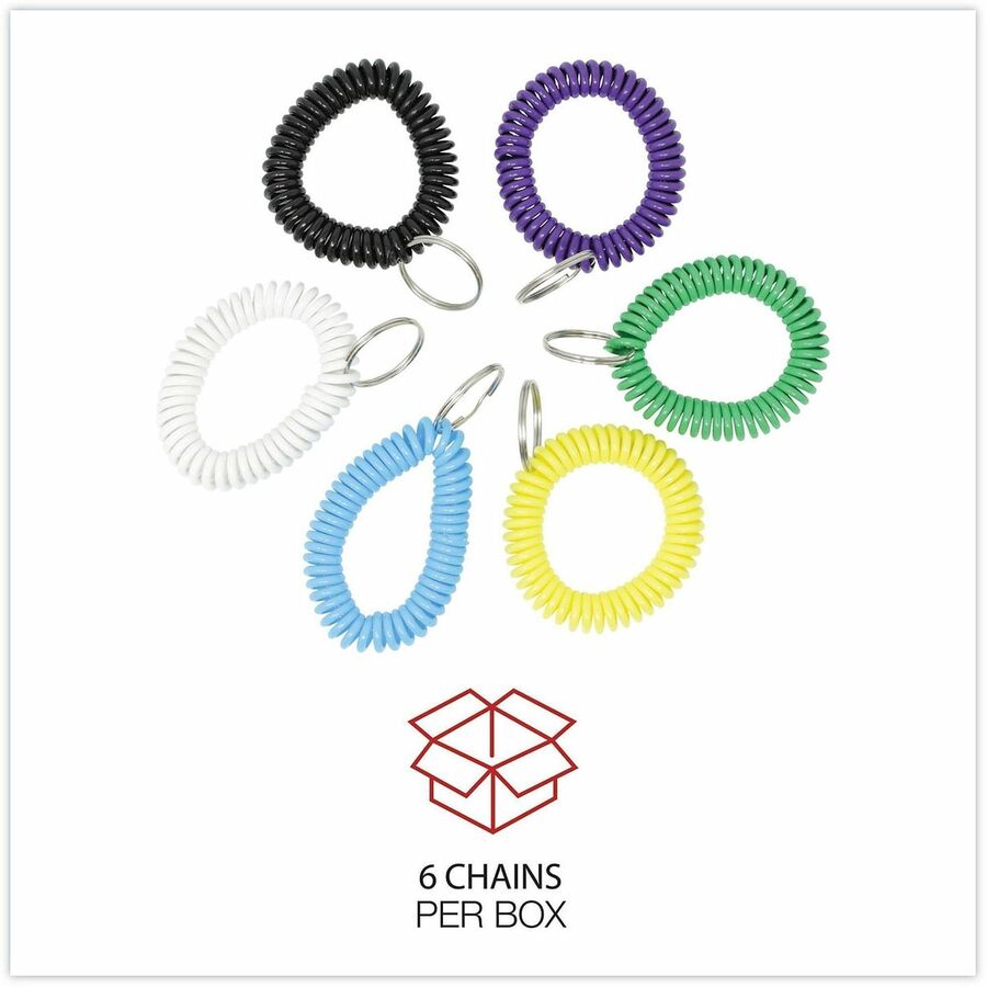 Wrist Coil Plus Key Ring, Plastic, Assorted Colors, 6/Pack