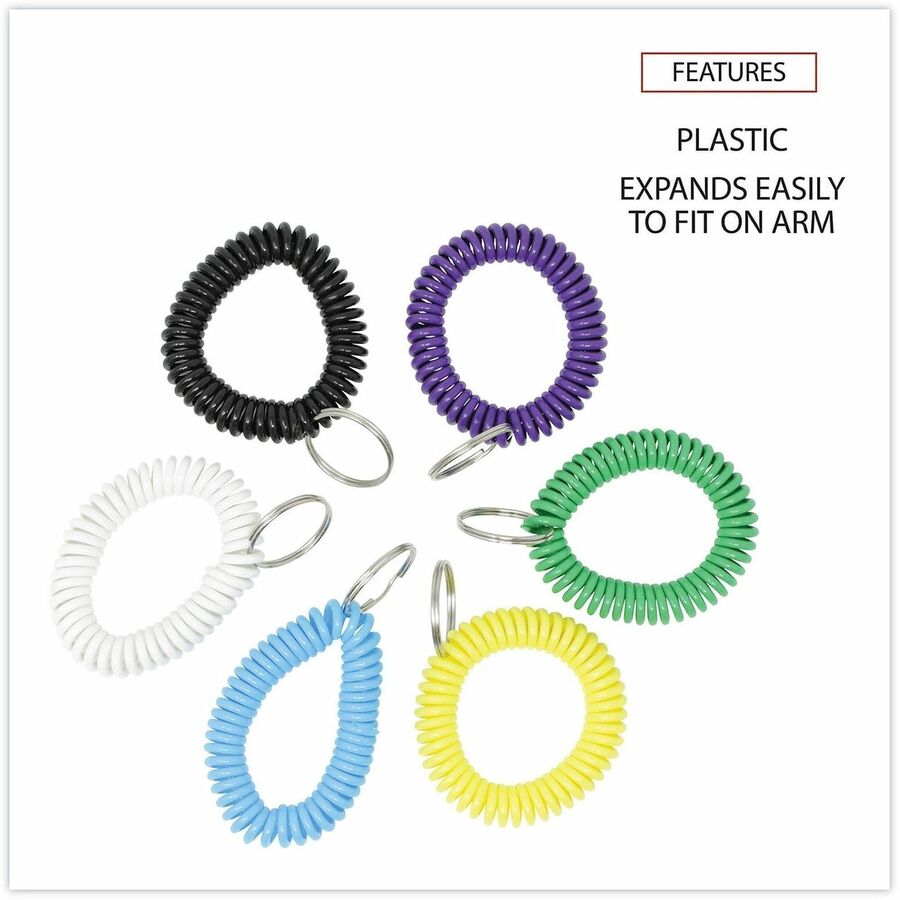 Wrist Coil Plus Key Ring, Plastic, Assorted Colors, 6/Pack