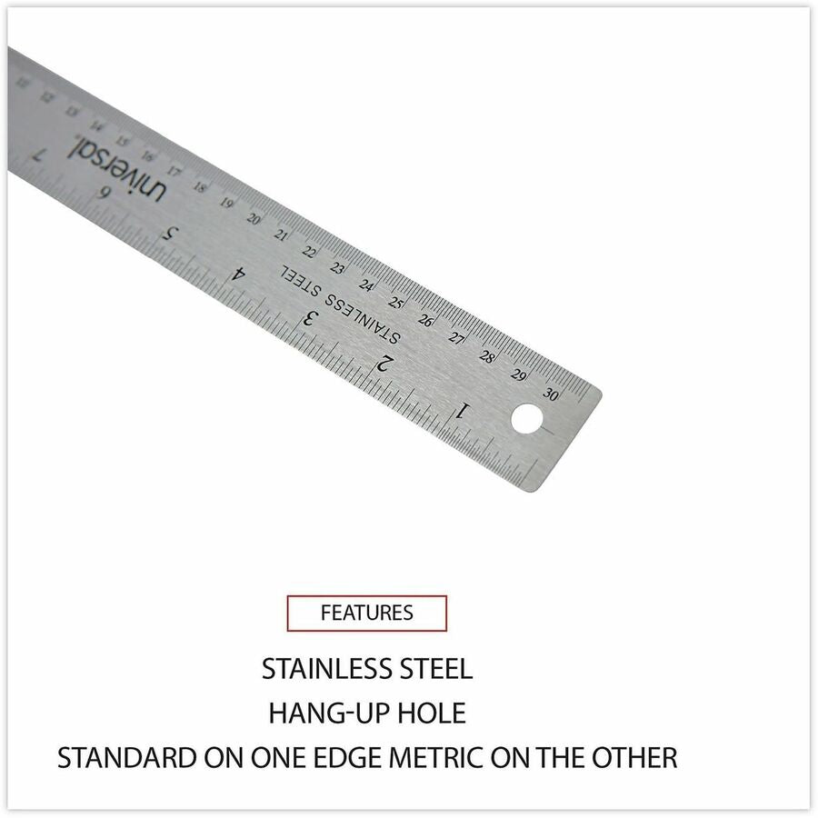 Stainless Steel Ruler with Cork Back and Hanging Hole, Standard/Metric, 12" Long