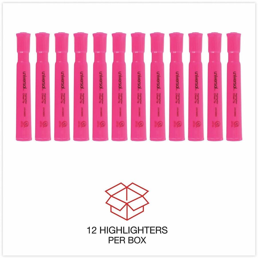 Desk Highlighters, Fluorescent Pink Ink, Chisel Tip, Pink Barrel, Dozen