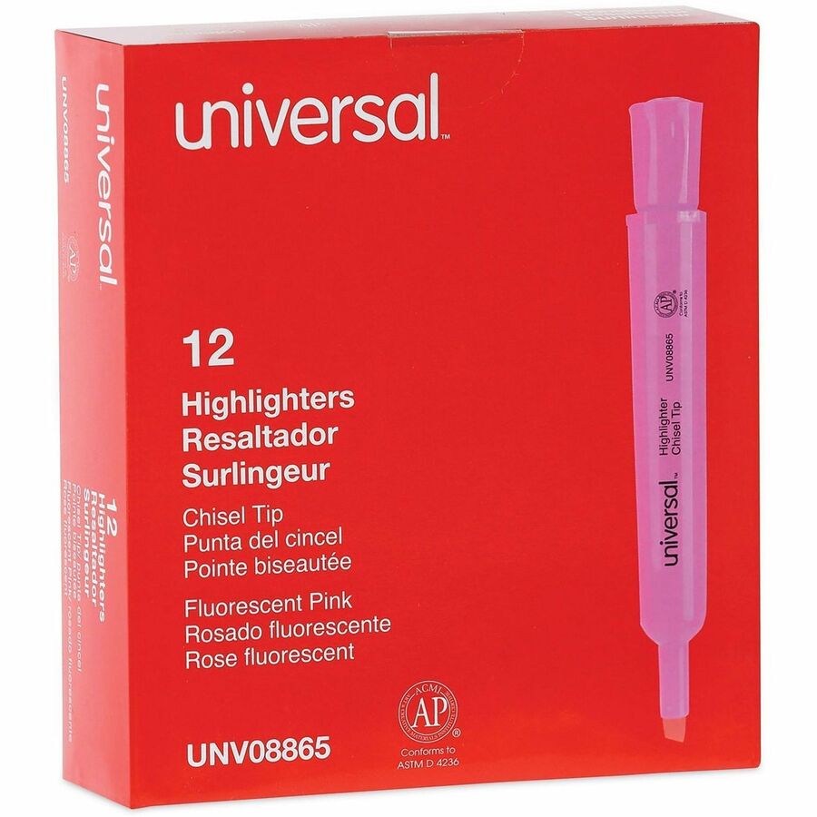 Desk Highlighters, Fluorescent Pink Ink, Chisel Tip, Pink Barrel, Dozen