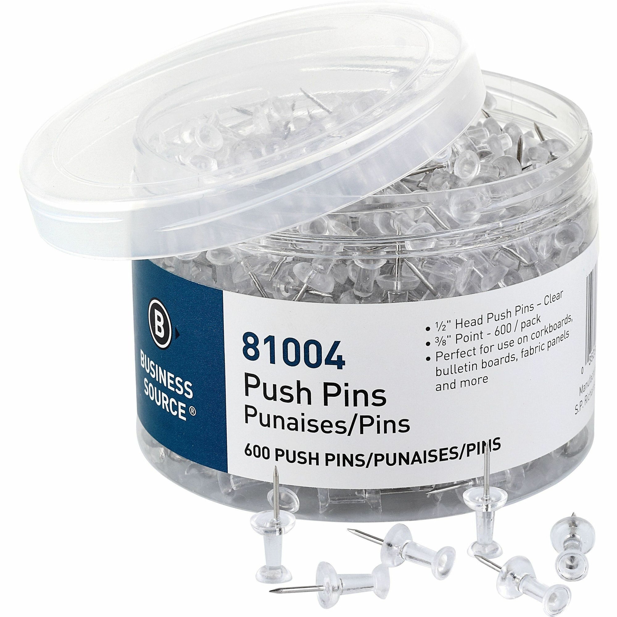 Business Source 1/2" Head Pushpins - 0.50" Head - for Notes, Photo, Corkboard, Bulletin Board, Fabric Panel - 600 / Pack - Clear