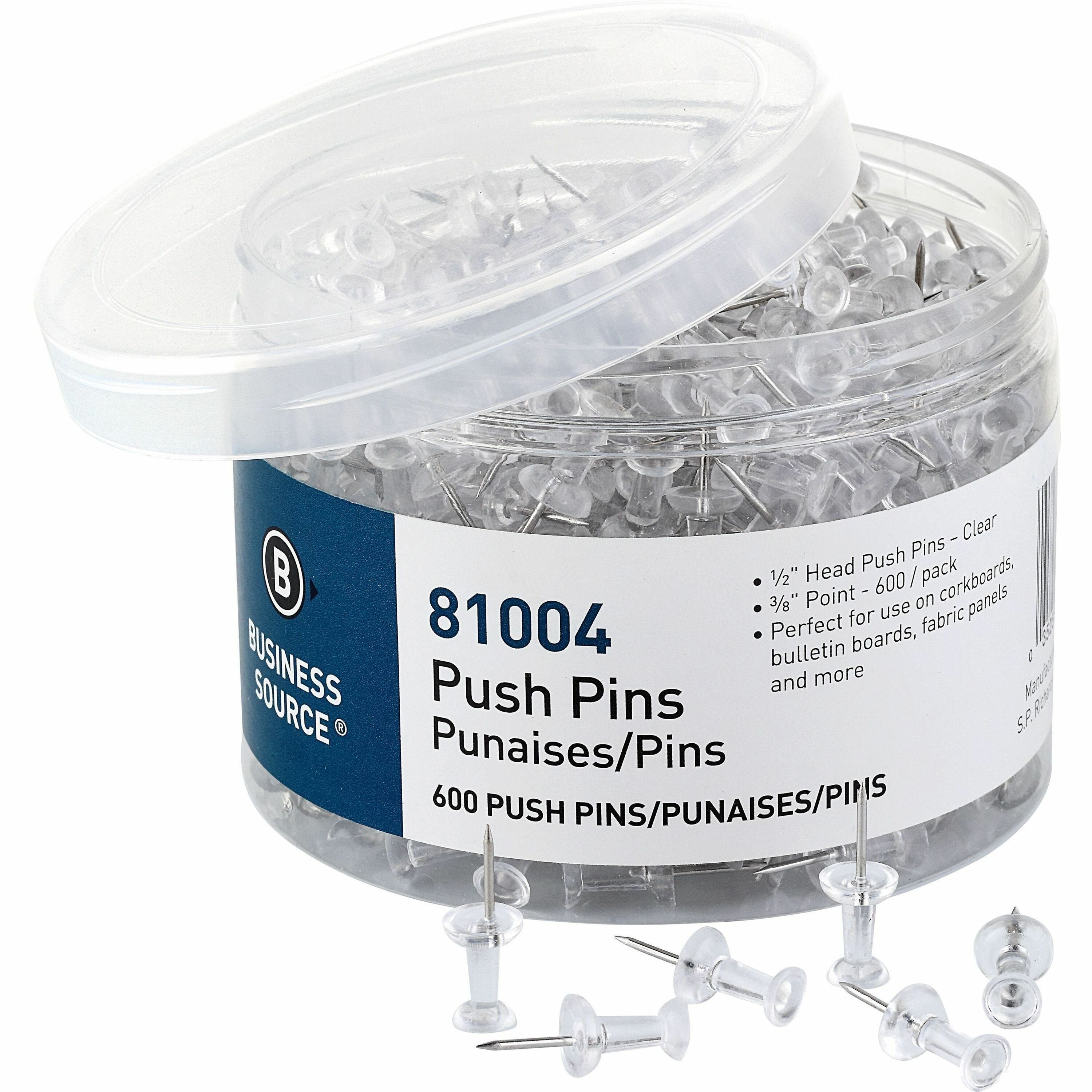 Business Source 1/2" Head Pushpins - 0.50" Head - for Notes, Photo, Corkboard, Bulletin Board, Fabric Panel - 600 / Pack - Clear