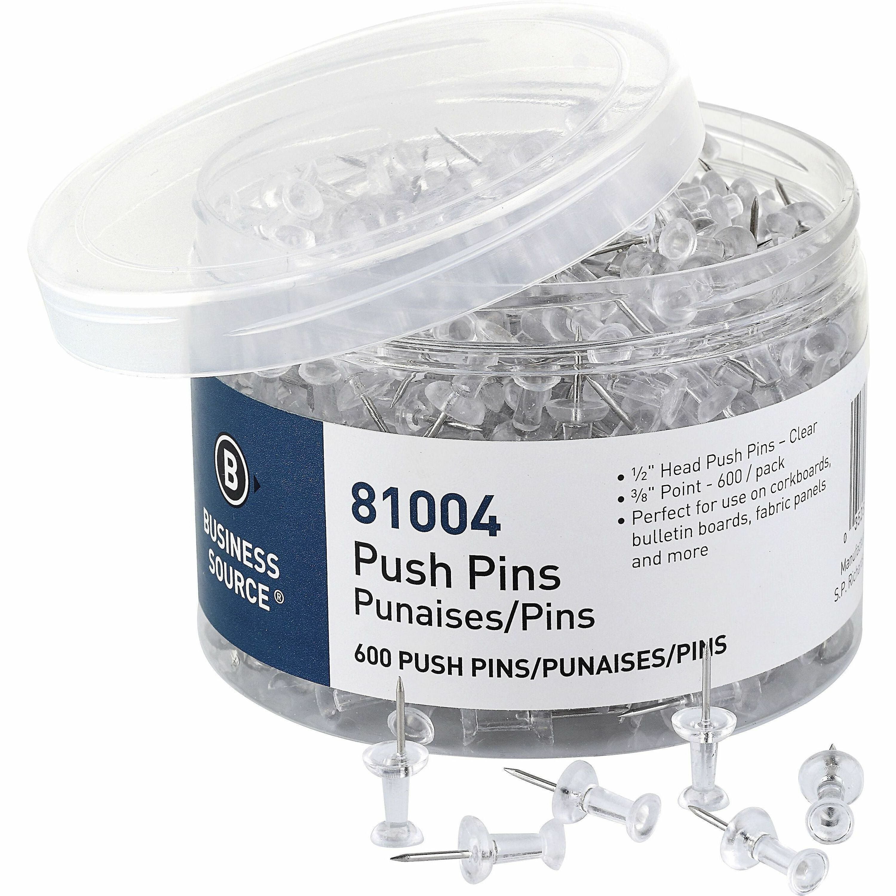 business-source-1-2-head-pushpins-050-head-for-notes-photo-corkboard-bulletin-board-fabric-panel-600-pack-clear_bsn81004 - 1