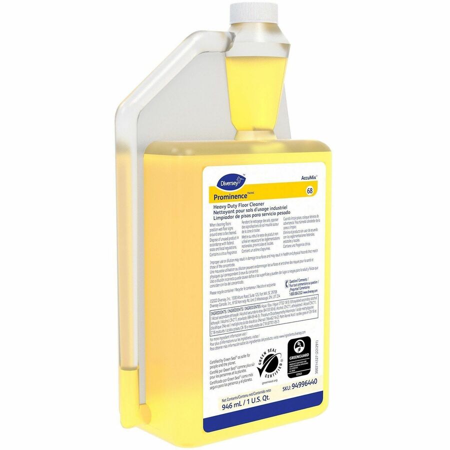 Diversey Prominence Heavy Duty Floor Cleaner - Concentrate - 32 fl oz (1 quart) - Citrus Scent - 6 / Carton - Heavy Duty, Film-free, Rinse-free, pH Neutral, Dilutable - Yellow