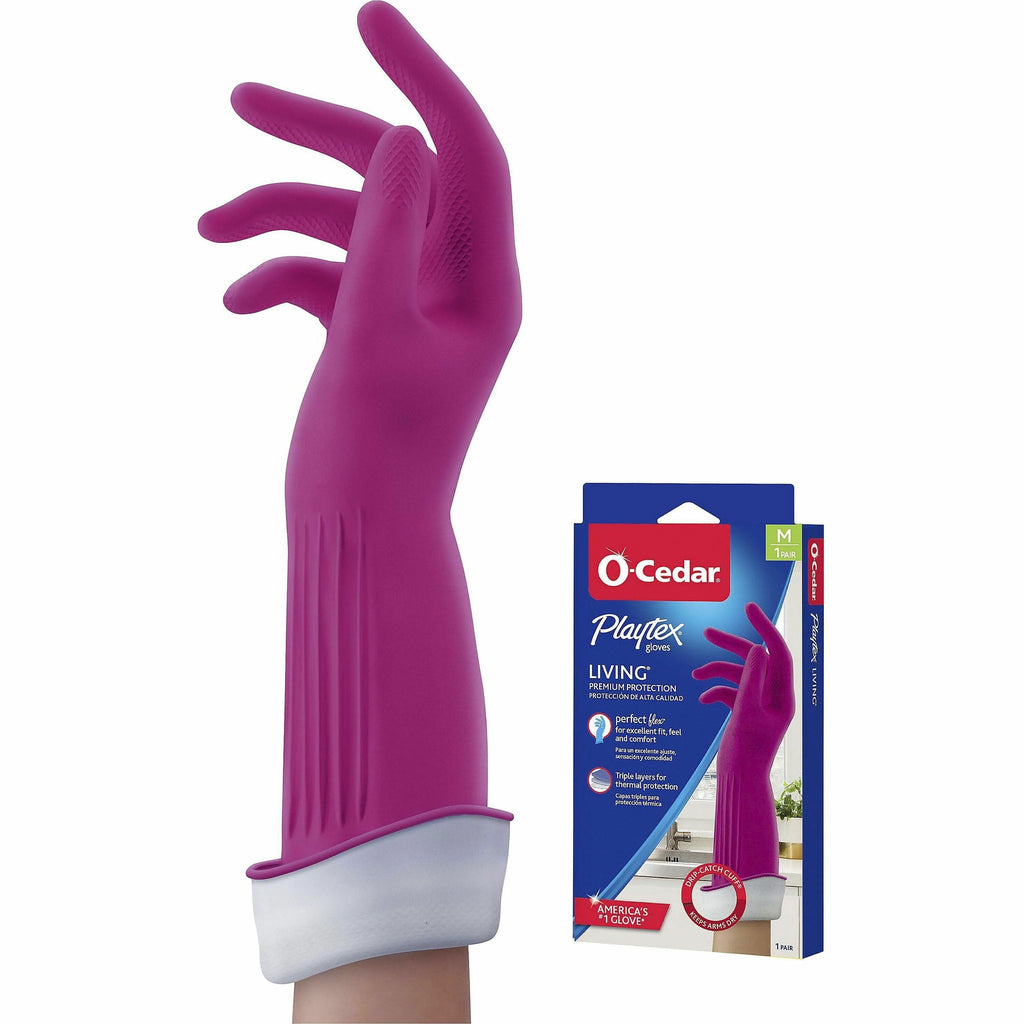 O-Cedar Playtex Living Gloves - Chemical, Bacteria Protection - Medium Size - Latex, Neoprene, Nitrile - Pink - Anti-microbial, Reusable, Durable, Comfortable, Odor Resistant, Textured Palm, Textured Fingertip - For Household, Cleaning - 2 / Pair - 1