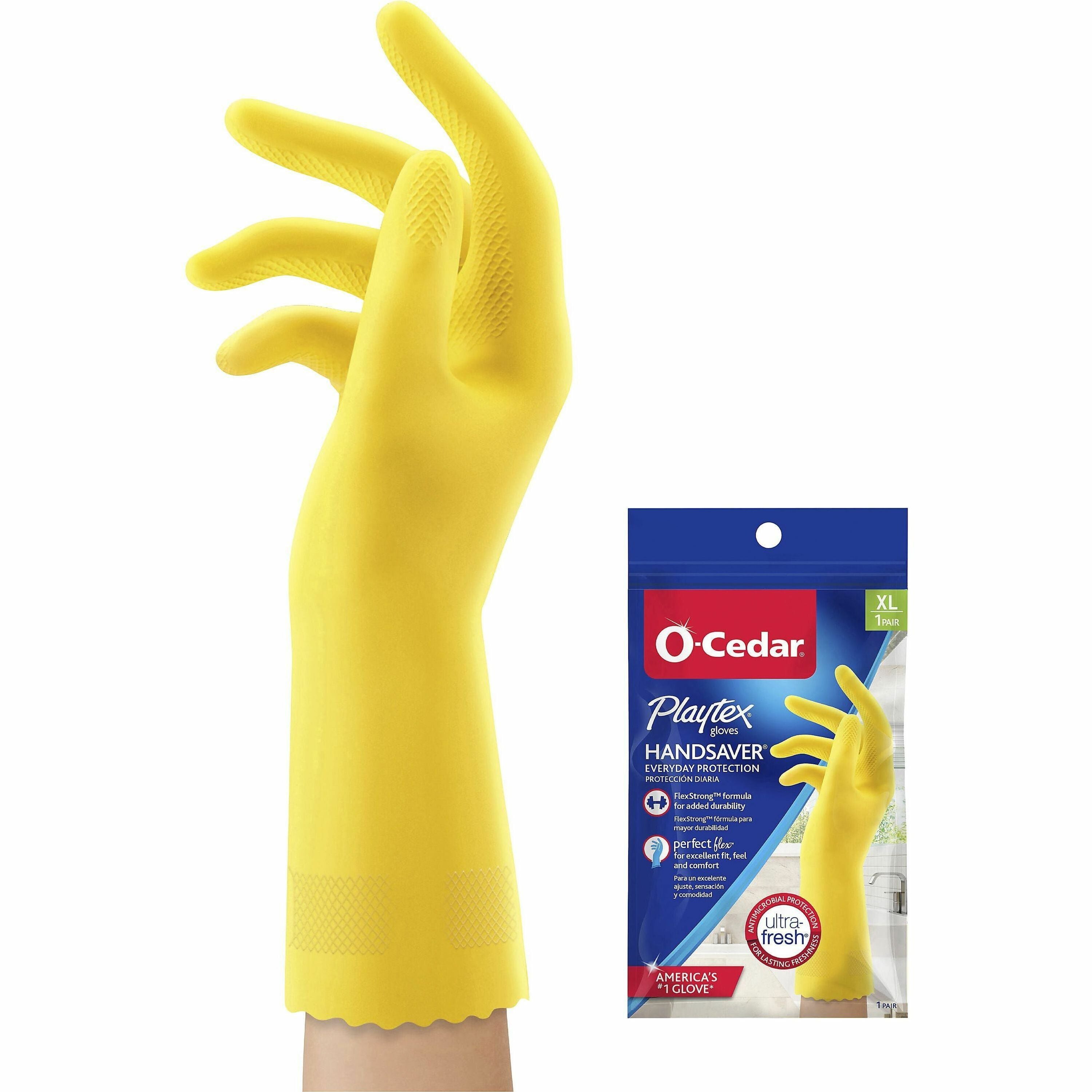 O-Cedar Playtex Handsaver Gloves - Hot Water, Chemical Protection - X-Large Size - Latex, Nitrile, Neoprene - Yellow - Long Lasting, Durable, Anti-microbial, Odor Resistant, Comfortable, Textured Fingertip, Textured Palm, Reusable - For Household - 2