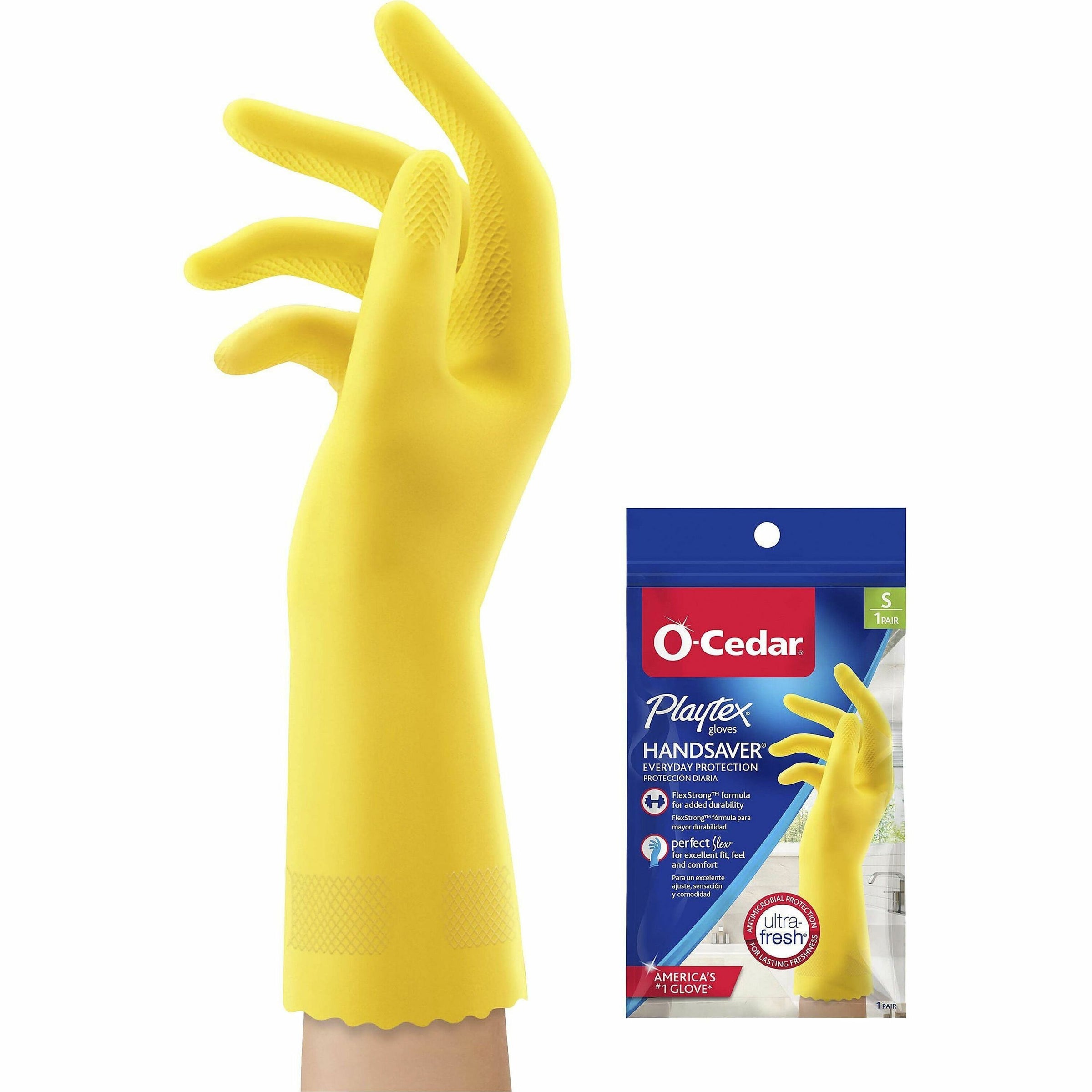 O-Cedar Playtex Handsaver Gloves - Hot Water, Chemical Protection - Small Size - Latex, Nitrile, Neoprene - Yellow - Long Lasting, Durable, Anti-microbial, Odor Resistant, Comfortable, Textured Fingertip, Textured Palm, Reusable - For Household - 2 /