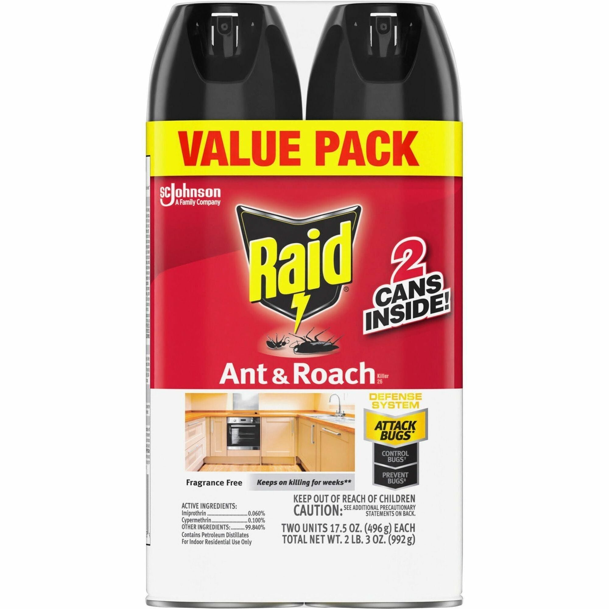Raid Ant & Roach Killer Spray - Spray - Kills Cockroaches, Ants, Silverfish, Water Bugs, Palmetto Bug, Carpet Beetle, Earwig, Spider, Lady Beetle, Black Widow Spider - 1.09 lb - Red - 2 / Pack - 1