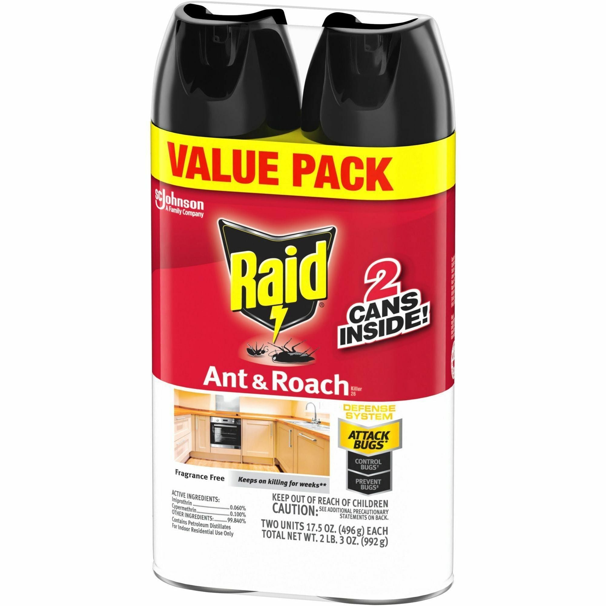 Raid Ant & Roach Killer Spray - Spray - Kills Cockroaches, Ants, Silverfish, Water Bugs, Palmetto Bug, Carpet Beetle, Earwig, Spider, Lady Beetle, Black Widow Spider - 1.09 lb - Red - 2 / Pack - 2