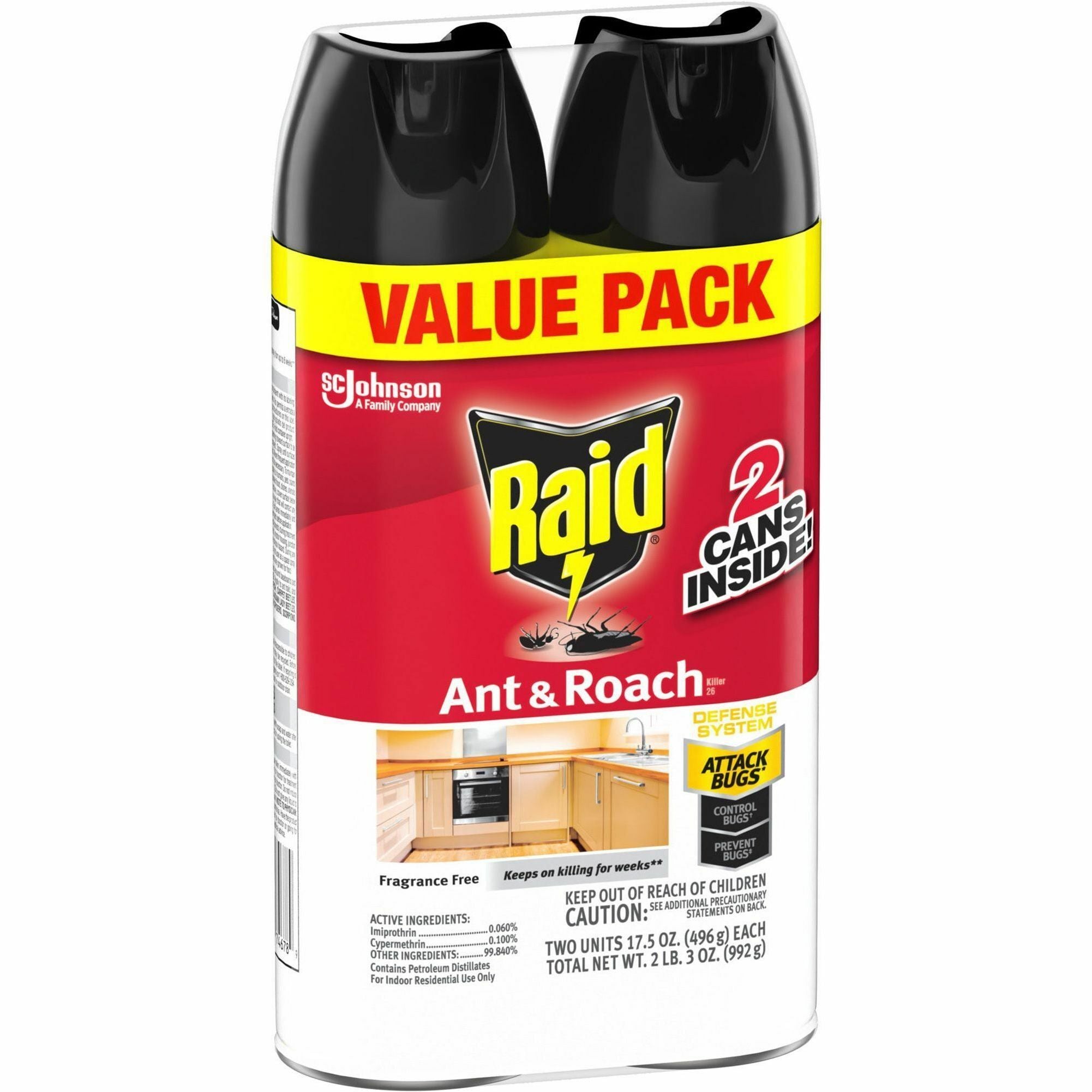 Raid Ant & Roach Killer Spray - Spray - Kills Cockroaches, Ants, Silverfish, Water Bugs, Palmetto Bug, Carpet Beetle, Earwig, Spider, Lady Beetle, Black Widow Spider - 1.09 lb - Red - 2 / Pack - 4