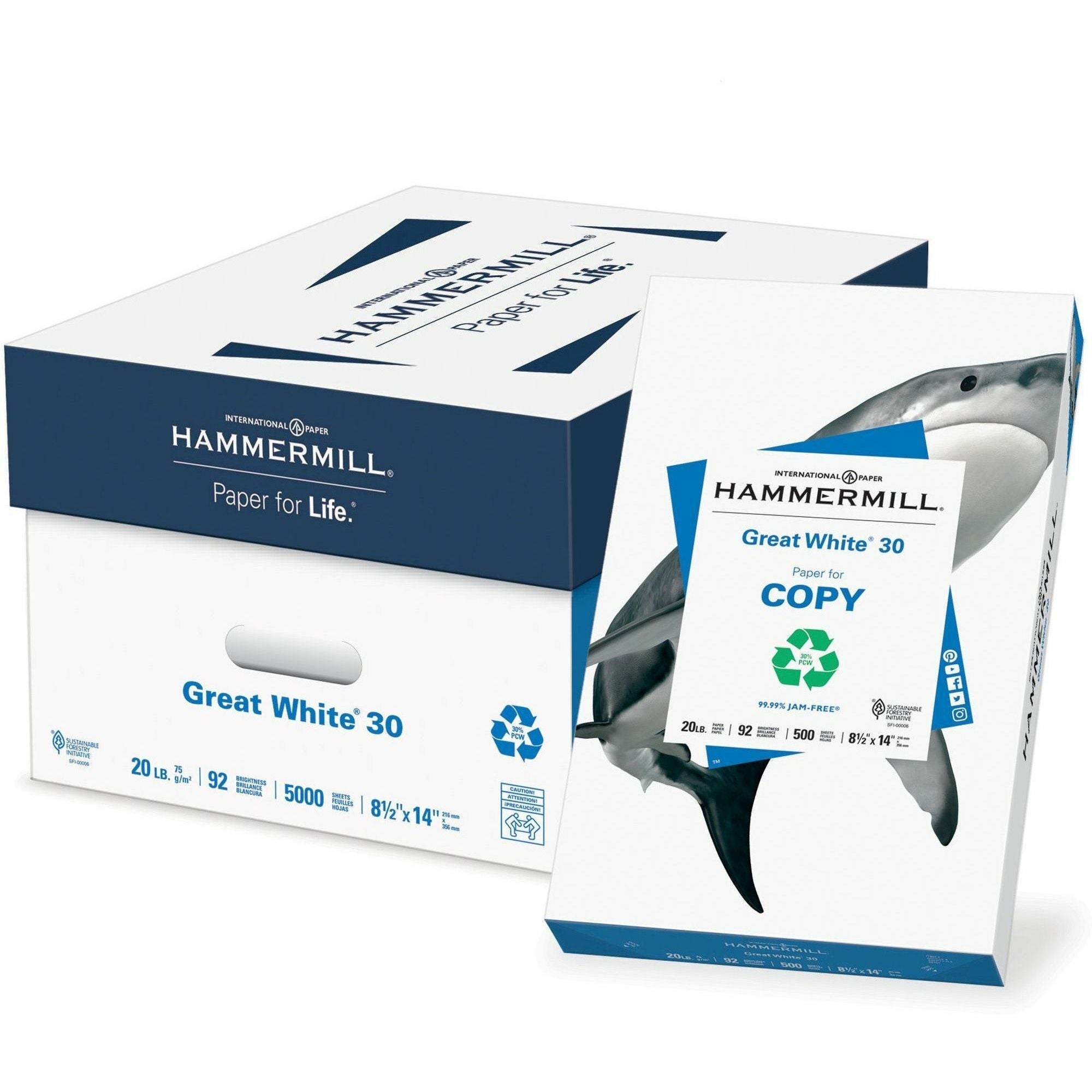 Hammermill Great White 30 Copy Paper - 92 Brightness - 88% Opacity - 8 1/2" x 14" - 20 lb Basis Weight - 75 g/m2 Grammage - 10 / Carton - 500 Sheets per Ream - Acid-free, Jam-free - White