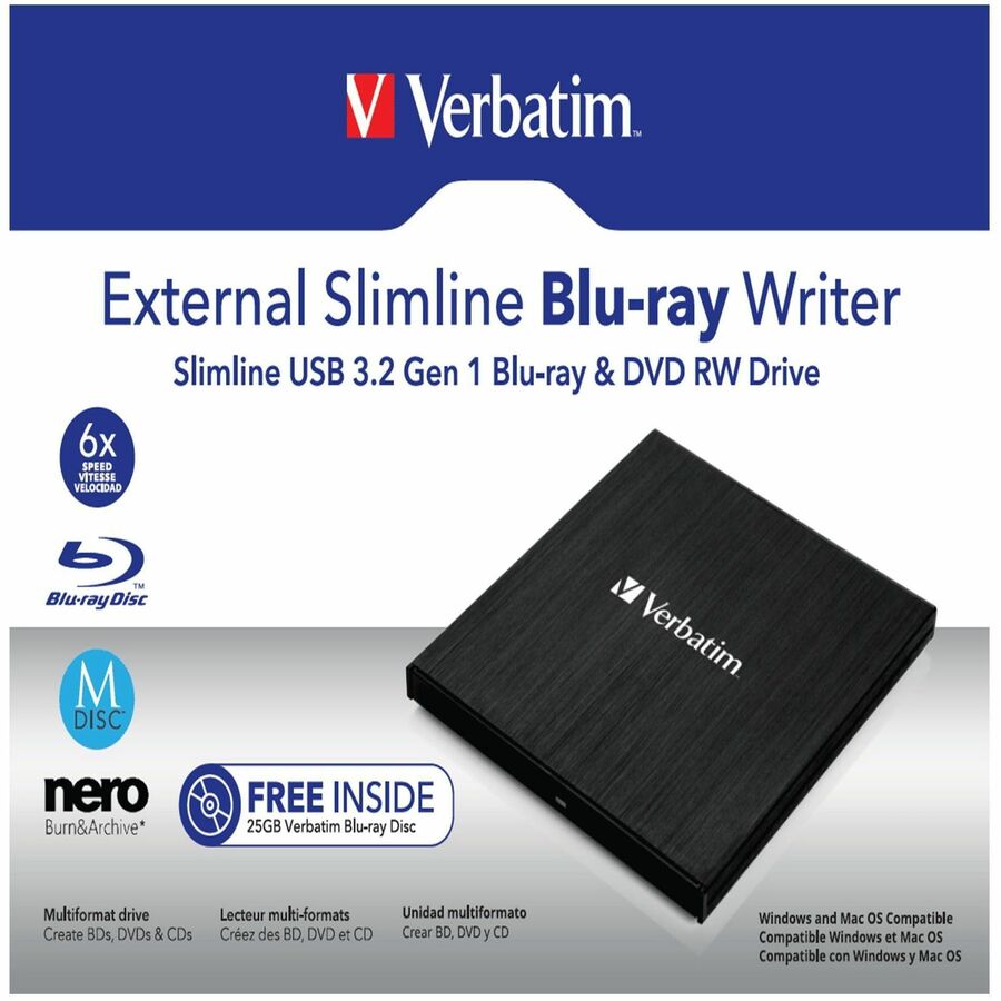 External Slimline Blu-ray Writer - BD-R, CD-R, DVD+R, DVD-R Support/24x CD Write/6x BD Write/8x DVD Write - USB 3.2 Gen 1 - Slimline - BUS Powered - 8