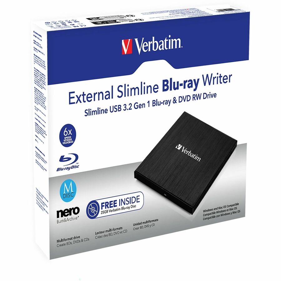 External Slimline Blu-ray Writer - BD-R, CD-R, DVD+R, DVD-R Support/24x CD Write/6x BD Write/8x DVD Write - USB 3.2 Gen 1 - Slimline - BUS Powered - 7