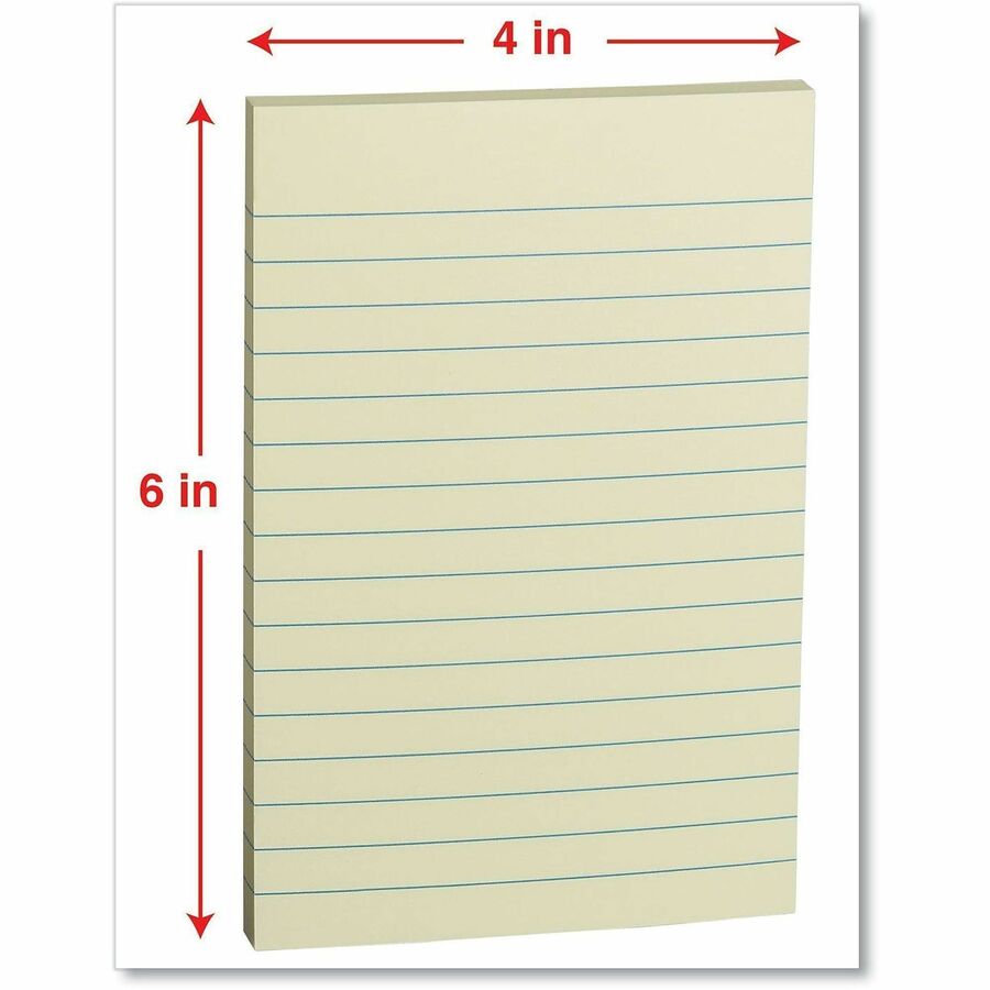 Self-Stick Note Pads, Note Ruled, 4" x 6", Yellow, 100 Sheets/Pad, 12 Pads/Pack