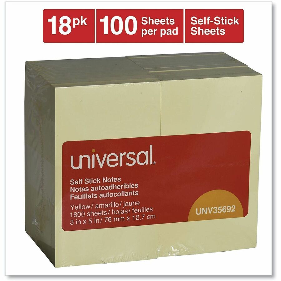 Self-Stick Note Pad Value Pack, 3" x 5", Yellow, 100 Sheets/Pad, 18 Pads/Pack