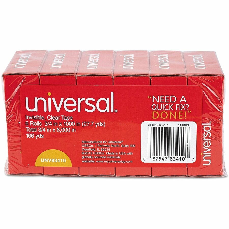 Invisible Tape, 1" Core, 0.75" x 83.33 ft, Clear, 6/Pack
